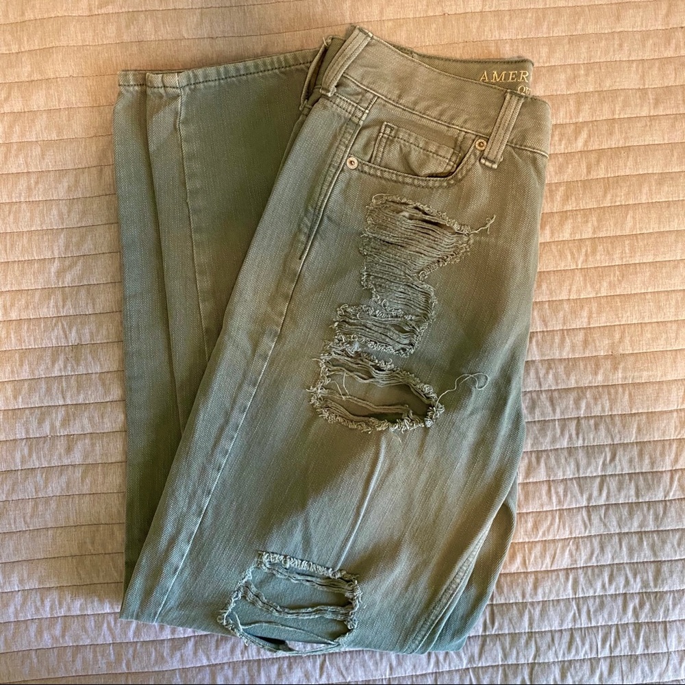 Khaki Green American Eagle Ripped Mom Jeans